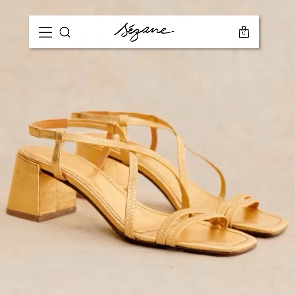 SEZANE PERNILLE SANDALS GOLD 37 6.5 Strappy Block Heel Square Toe Metallic Shoes - Picture 2 of 16